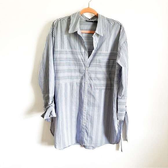 Halogen Blue White Stripe Button Down Tunic Shirt Dress sz 1 - Picture 2 of 12